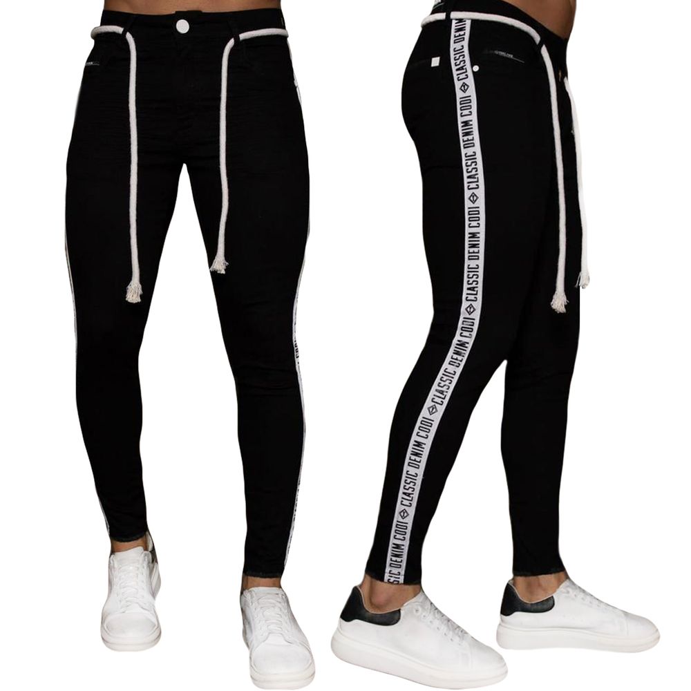 Calça Preta Skinny Faixa Fita Lateral Com Cordão Masculina