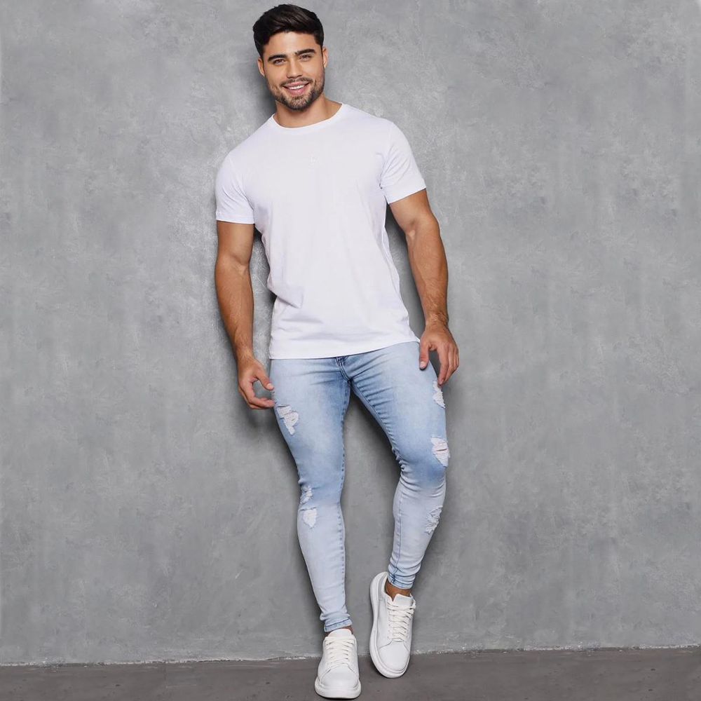 Calça Jeans Skinny Destroyed Rasgos Detalhes Devore no Laser