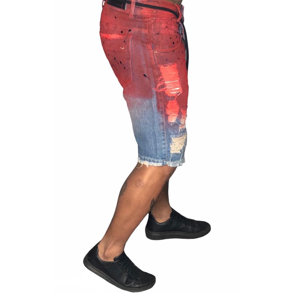 Bermuda Jeans Destroyed Splash Tingida Tie Dye Vermelho