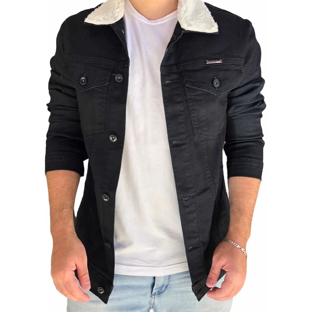 Jaqueta Preta Slim Detalhe Na Gola Com Pelo Branco Premium