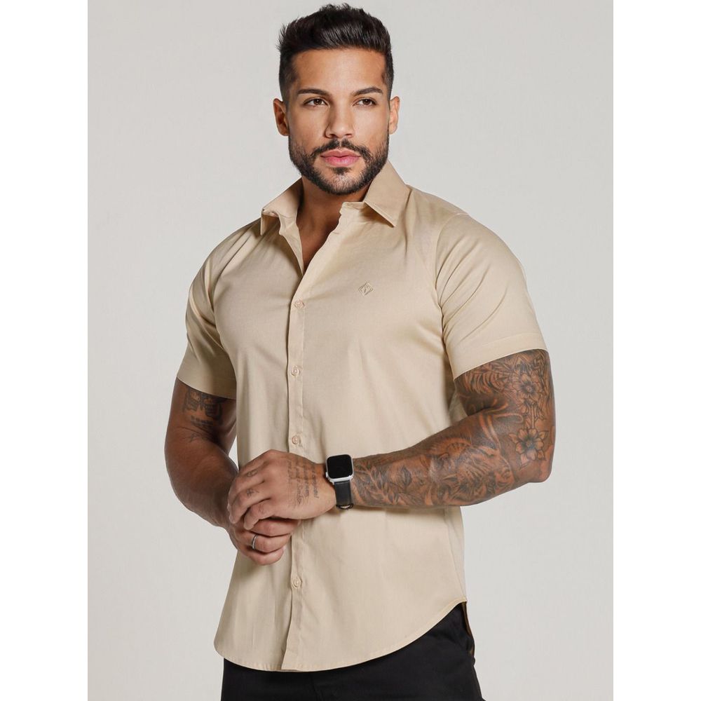 Camisa Social Manga Curta Codi Jeans Toque Acetinado - Bege