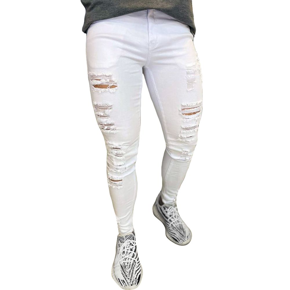 Calça Branca Destroyed Rasgada Super Skinny Masculina