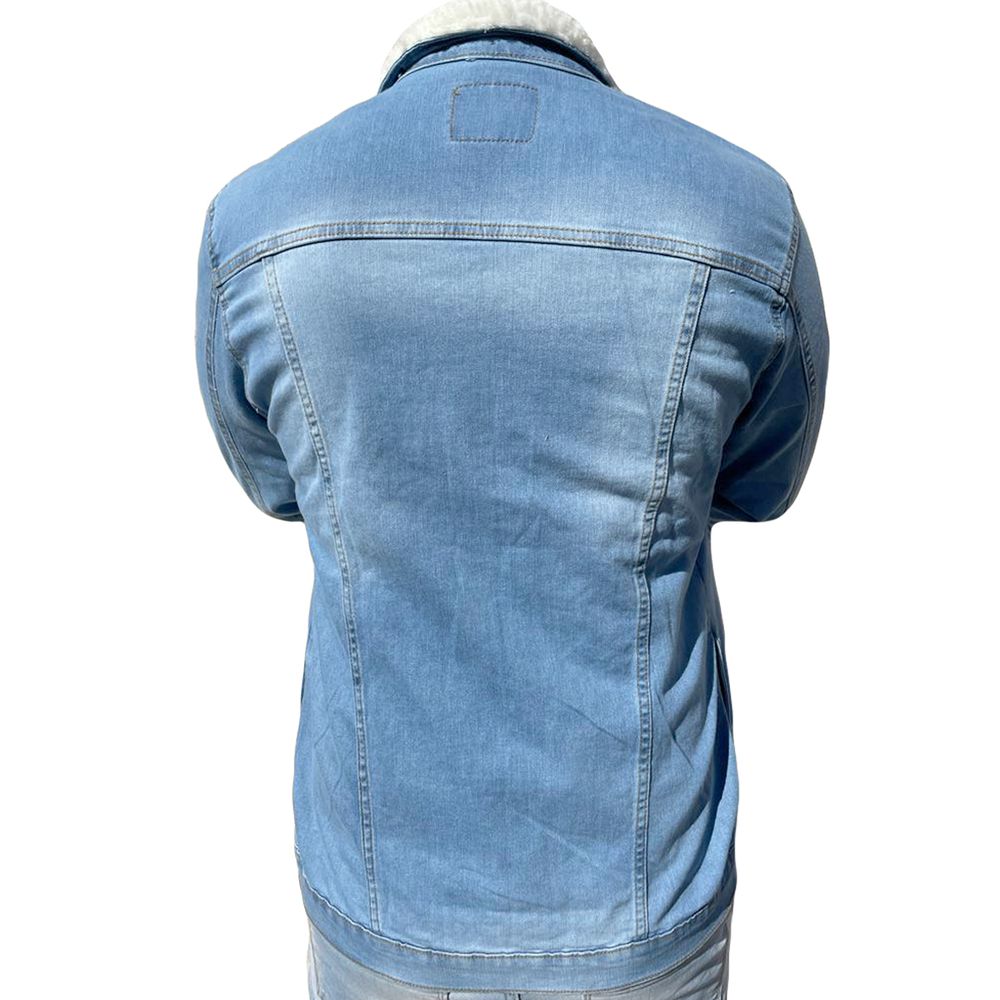 Jaqueta Jeans Clara Masculina Slim Destroyed Pelo Na Gola
