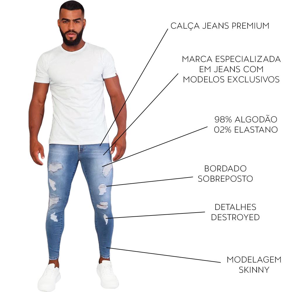 Cal a Jeans Destroyed Skinny Masculina Com Detalhe Bordado