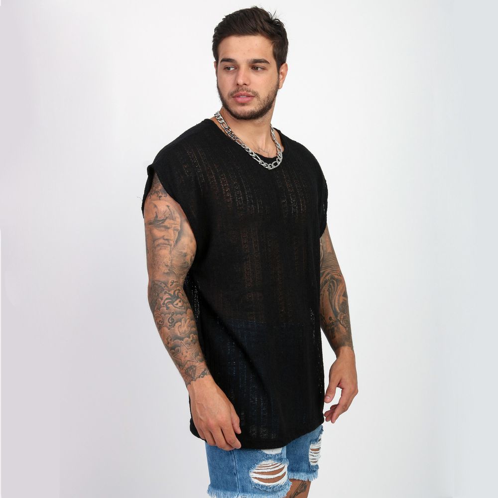 Camiseta Regata Oversized Em Crochê Lã Telinha Premium Preta