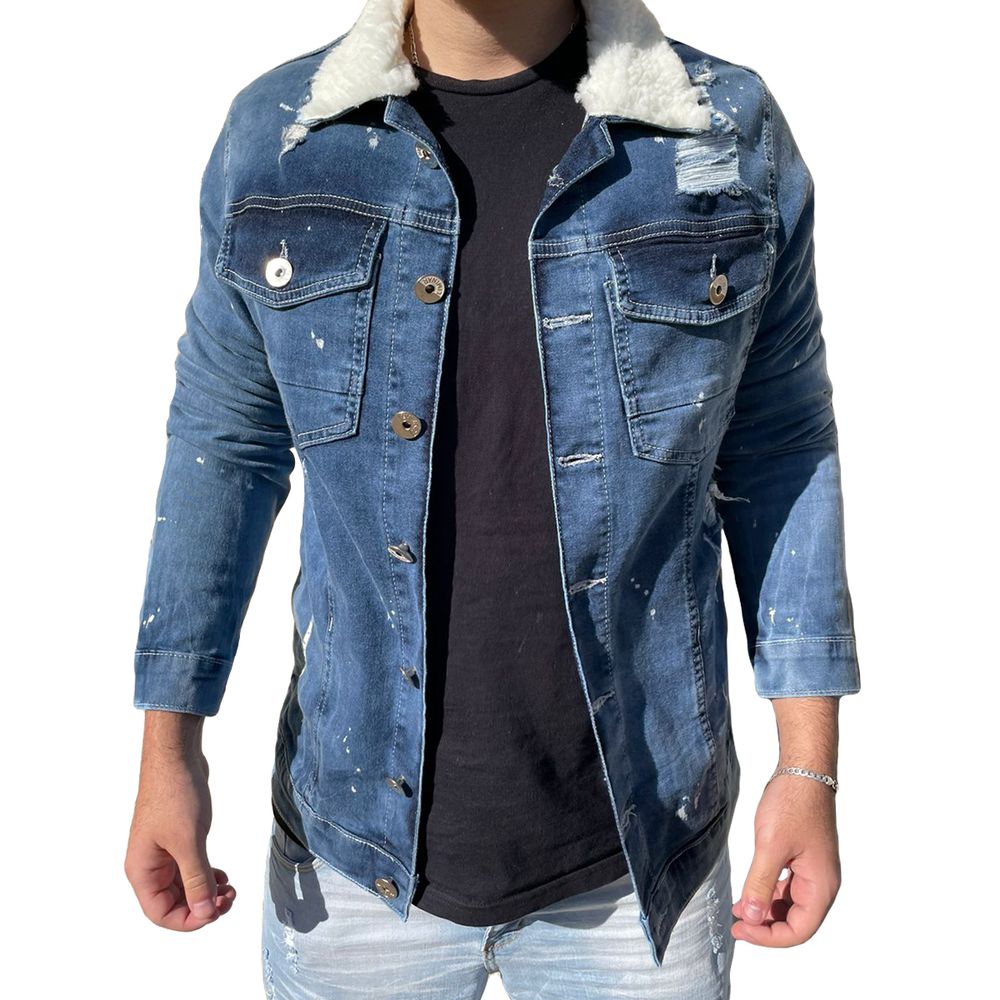 Jaqueta Jeans Slim Destroyed C/ Respingos Pelinho Na Gola