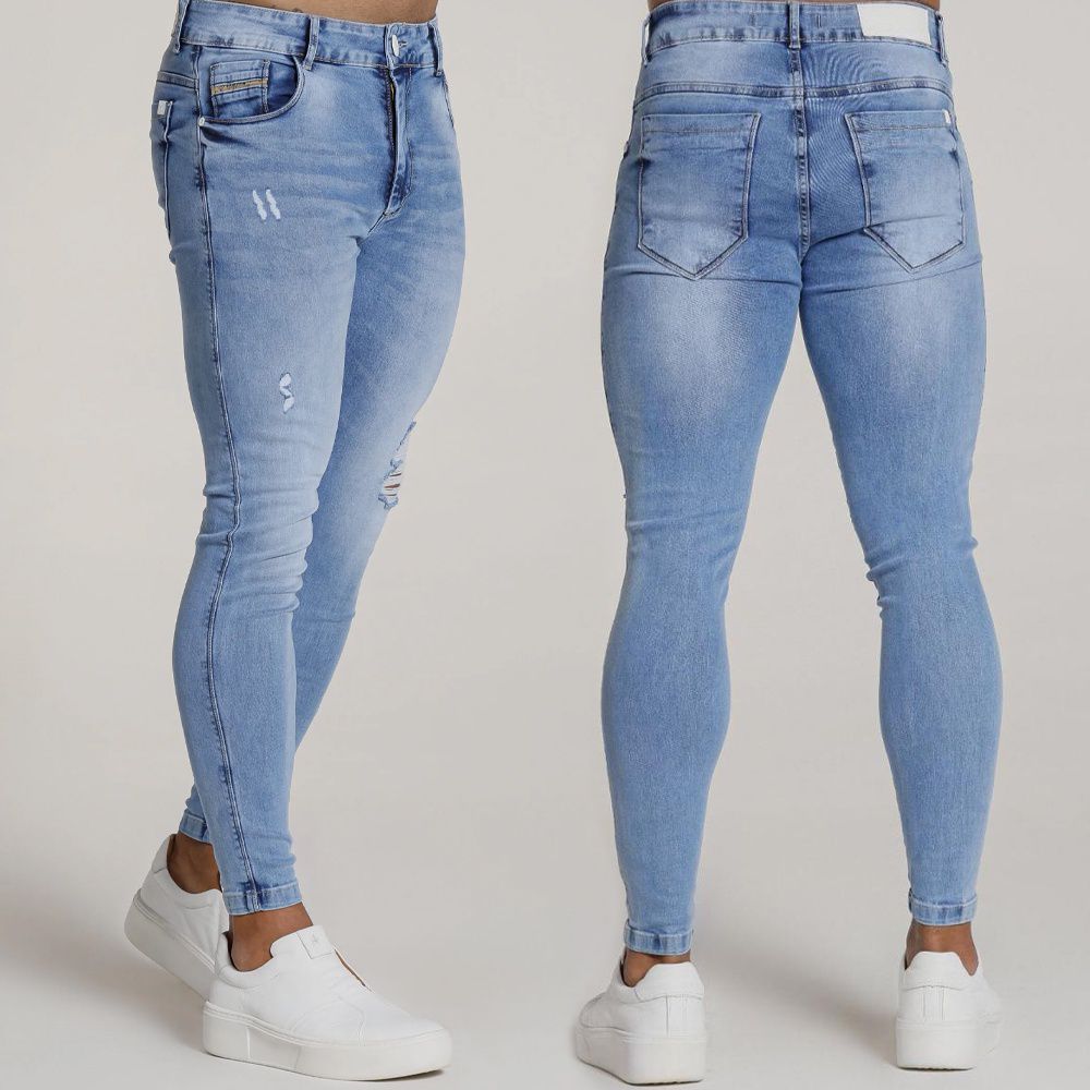 Calça Jeans Skinny Com Destroyed Rasgada Premium Sky Clean