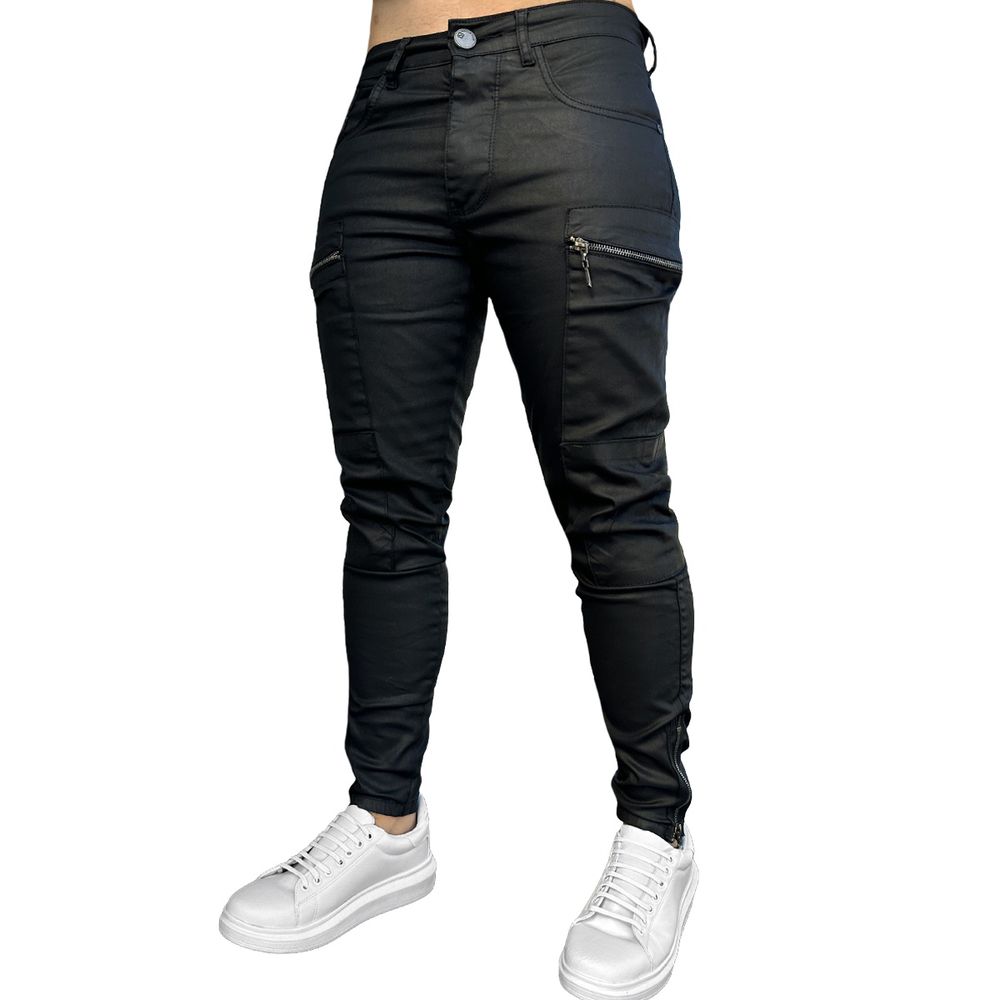 Calça Preta Resinada Skinny Ziper Lateral Premium Masculina