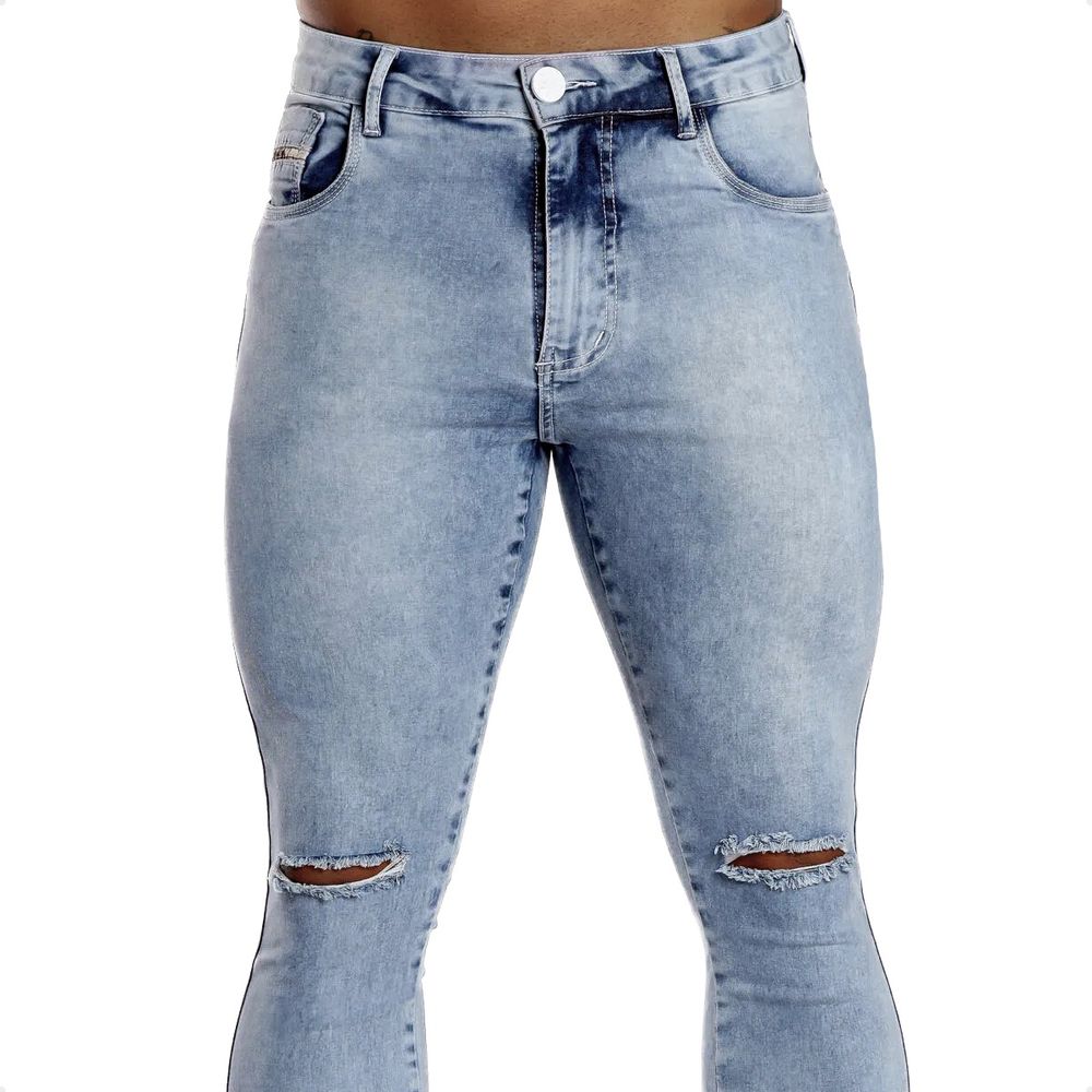 Calça Jeans Skinny Destroyed Com Corte Devore Botão Branco