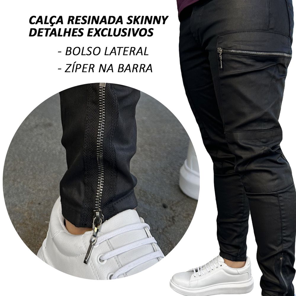 Calça Preta Resinada Skinny Ziper Lateral Premium Masculina