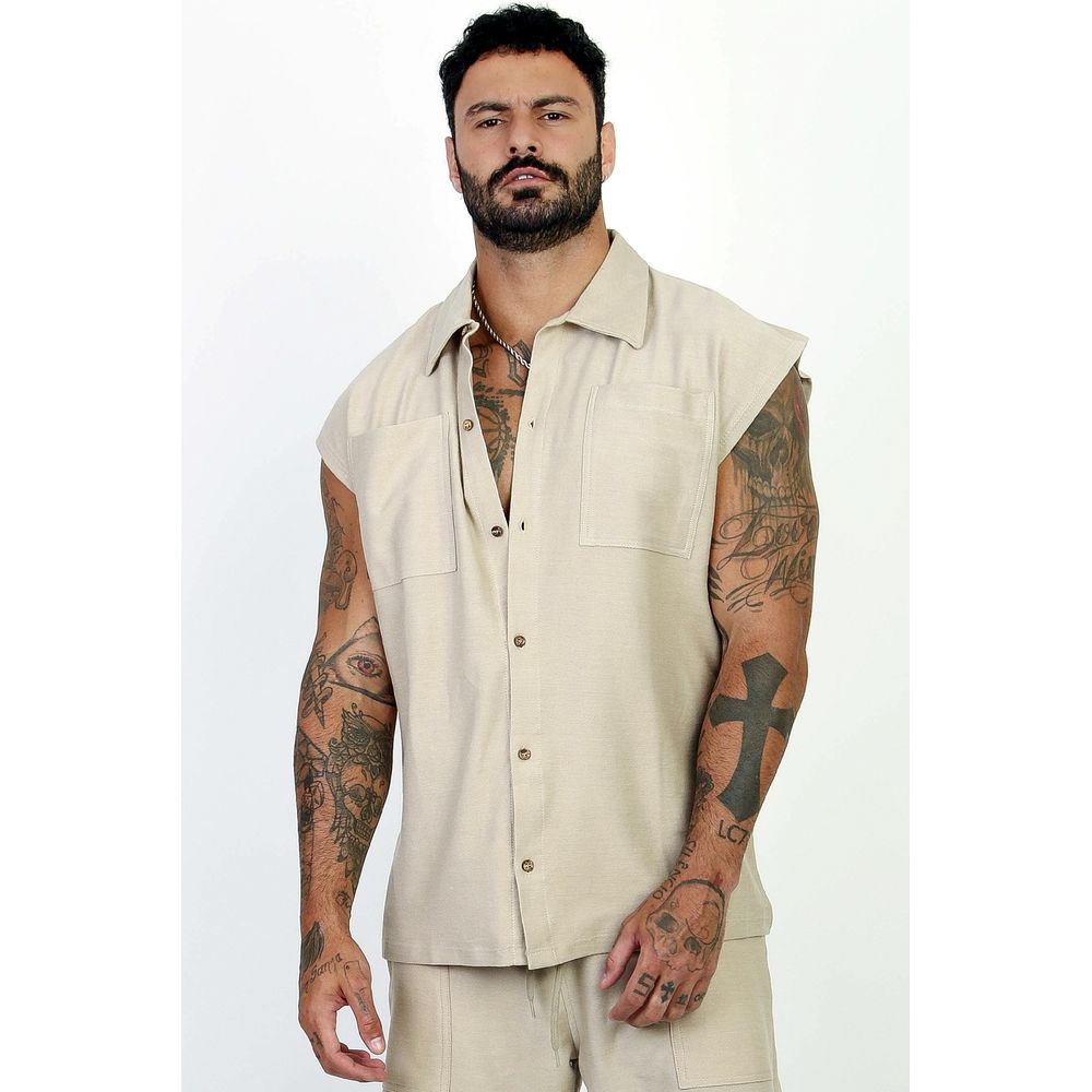 Colete Regata Camisa Com Botões Masculino Oversized Moletinho Penteado Bege