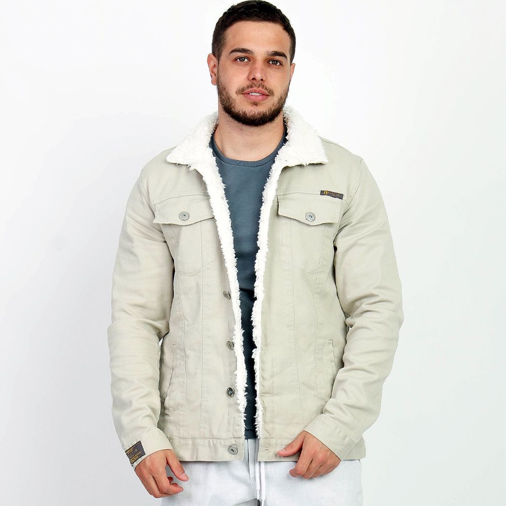 Jaqueta Sarja Masculina Sherpa Pelinho Forro Bege Carneiro