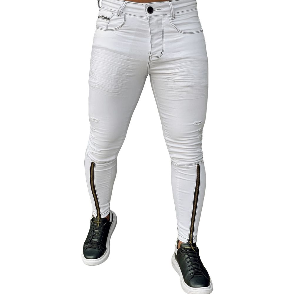 Calça Branca Skinny Zíper Frontal Canela Masculina