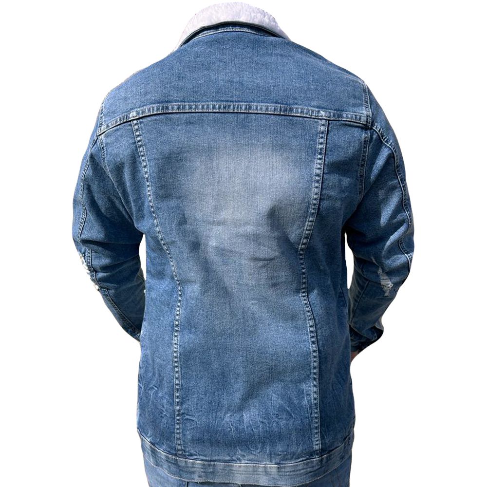 Jaqueta Jeans Masculina Destroyed Slim Pelinho Gola Splash