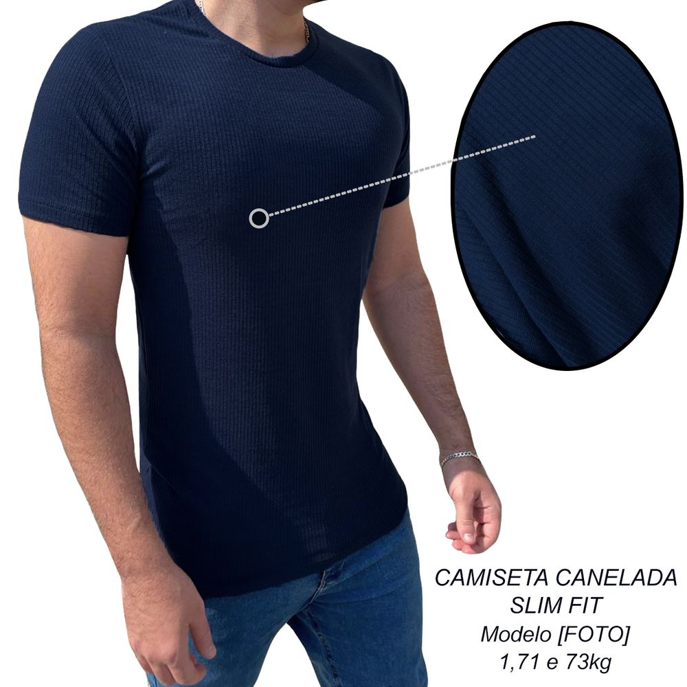 Camiseta Canelada Slim Masculina Manga Curta Azul Marinho