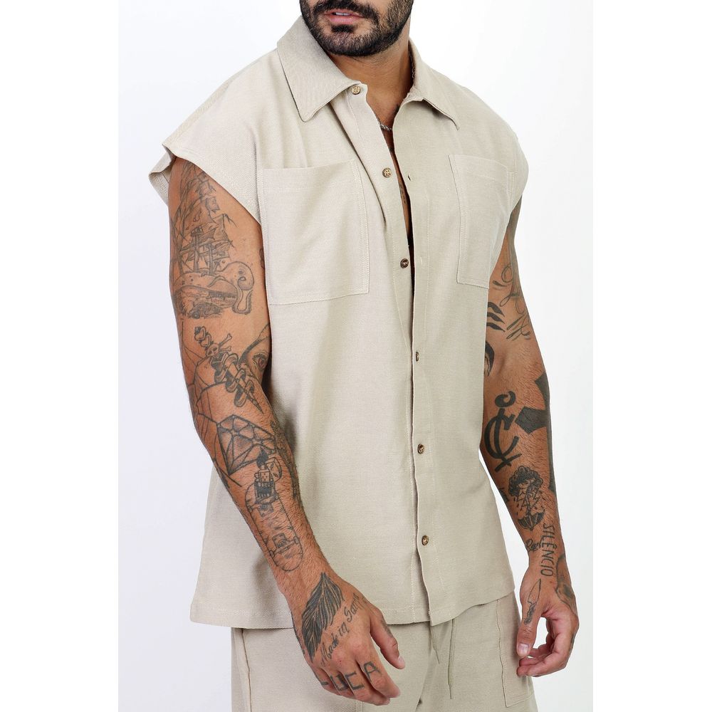 Colete Regata Camisa Com Botões Masculino Oversized Moletinho Penteado Bege