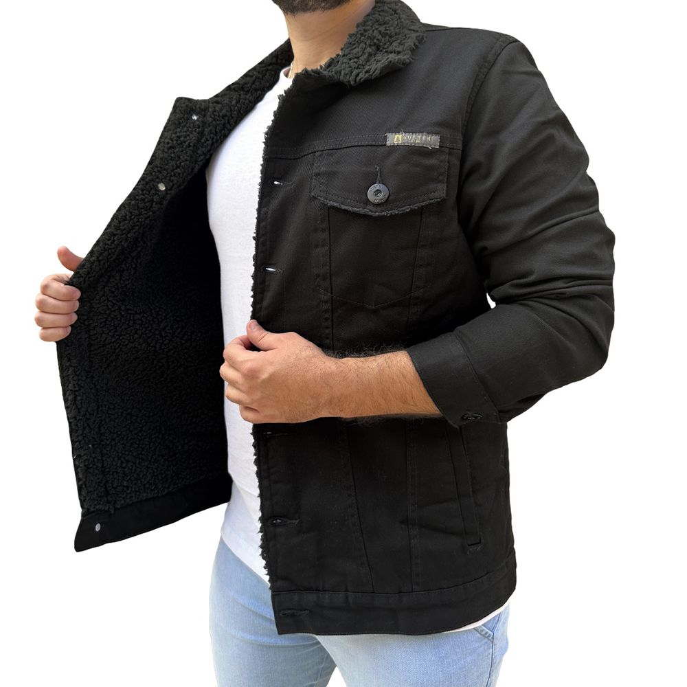 Jaqueta Trucker Sherpa Forro Pelinho Masculina Preta Forrada