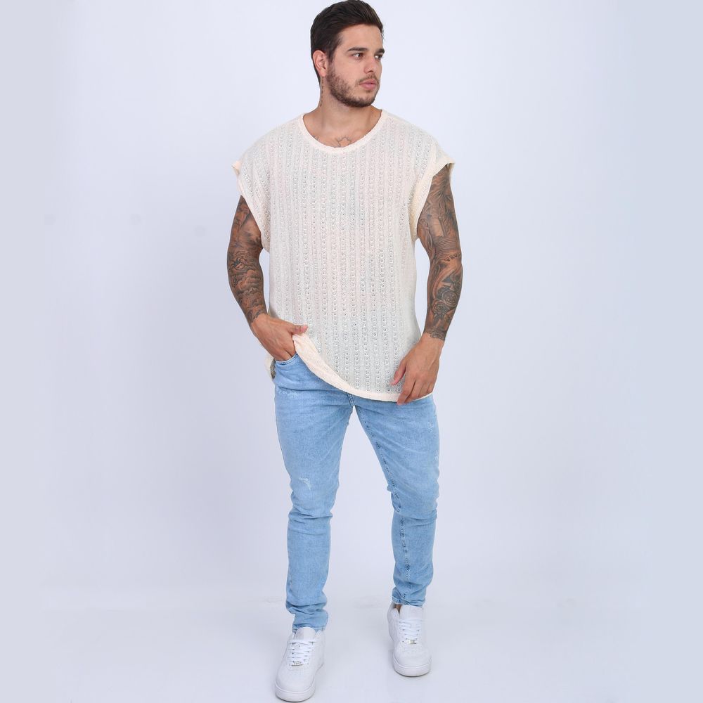 Camiseta Regata Oversized Crochê Lã Transparente Masculina