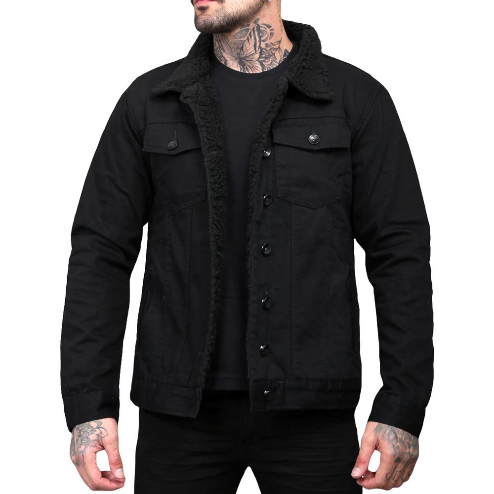 Jaqueta Trucker Sherpa Forro Pelinho Masculina Preta Forrada
