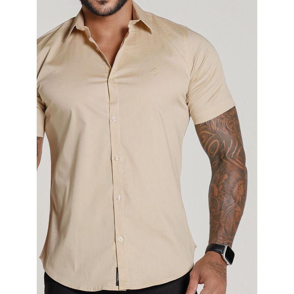 Camisa Social Manga Curta Codi Jeans Toque Acetinado - Bege