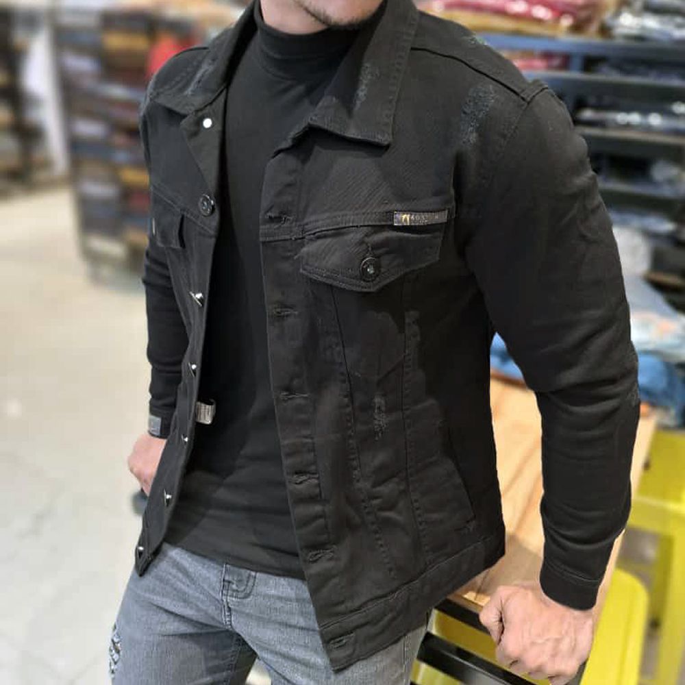 Jaqueta Jeans Preta Destroyed Detalhe Premium Masculina Slim