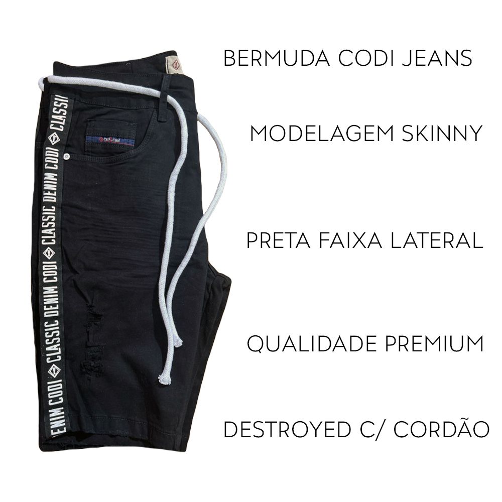 Bermuda Preta Destroyed Super Skinny Com Cordão Masculina