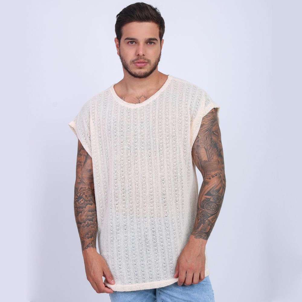 Camiseta Regata Oversized Crochê Lã Transparente Masculina