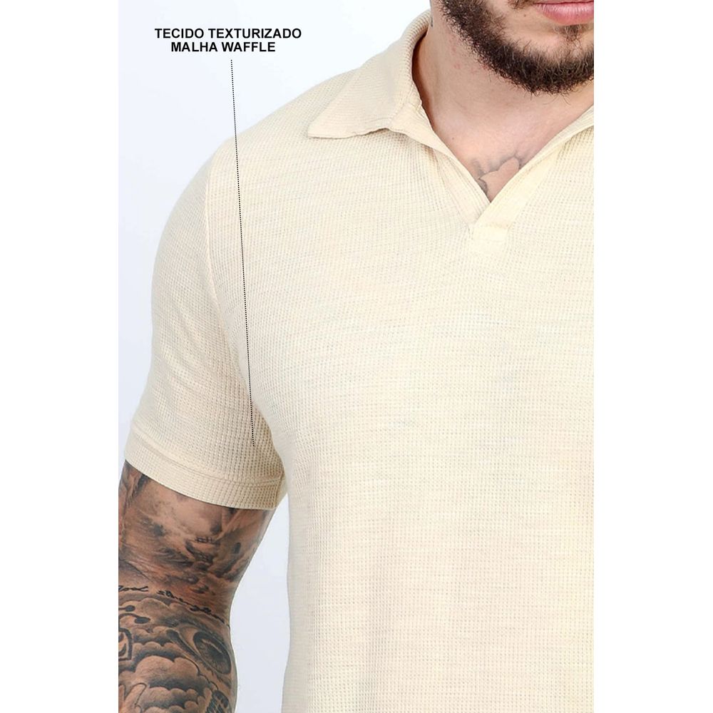 Camisa Polo Sem Botão Texturizada Malha Waffle Tricot Slim