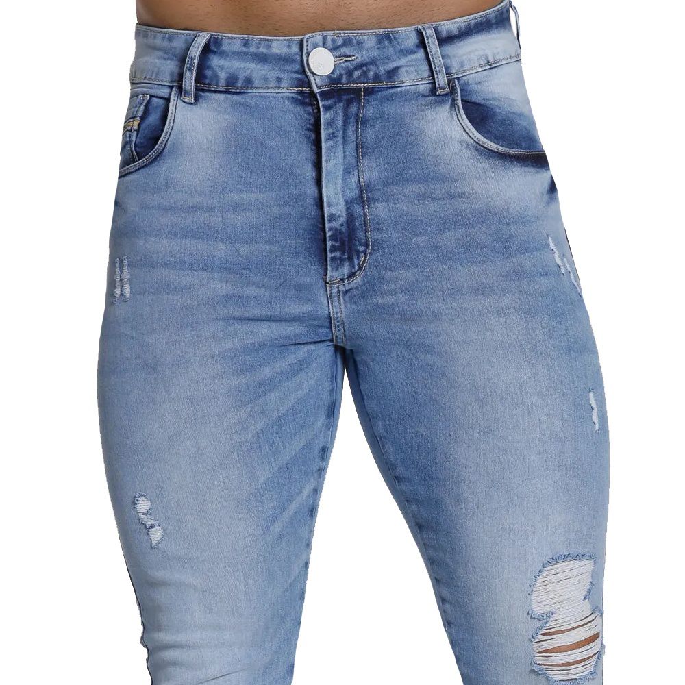 Calça Jeans Skinny Com Destroyed Rasgada Premium Sky Clean