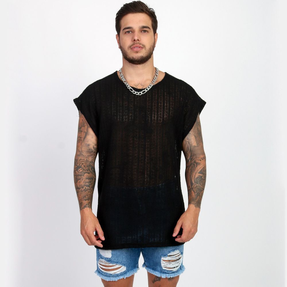 Camiseta Regata Oversized Em Crochê Lã Telinha Premium Preta