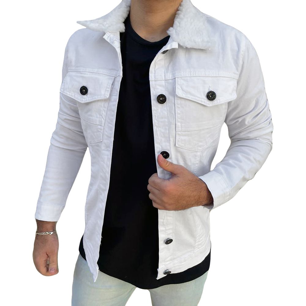 Jaqueta Jeans Slim Branca Com Pelinho Pelo Na Gola Masculina
