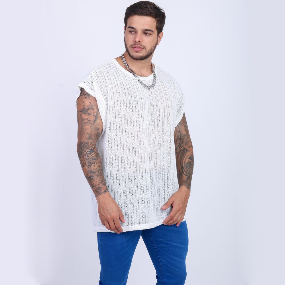 Camiseta Regata Over Sized Crochê Lã Telinha Premium Branca