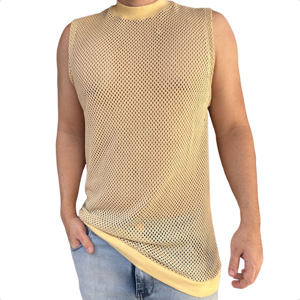 Camiseta Regata Gola Alta Crochet Tela Transparente Arrastao