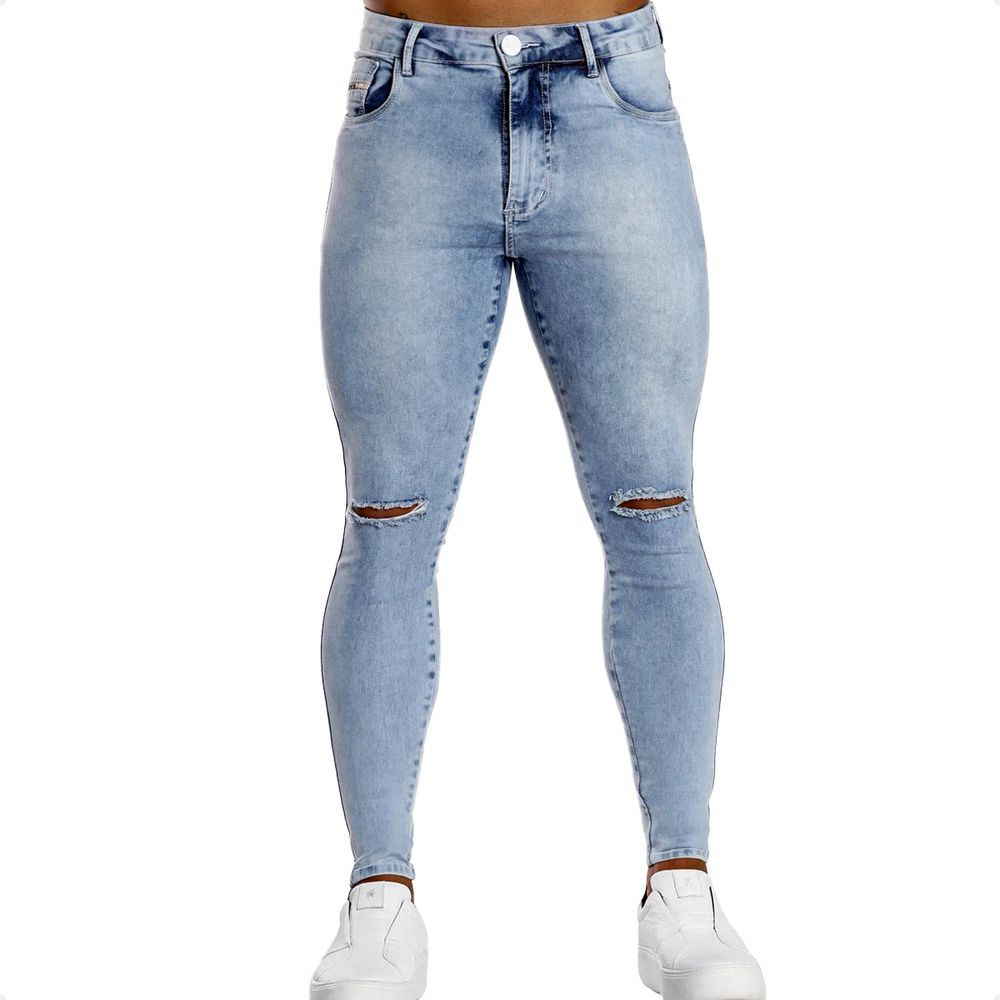 Calça Jeans Skinny Destroyed Com Corte Devore Botão Branco