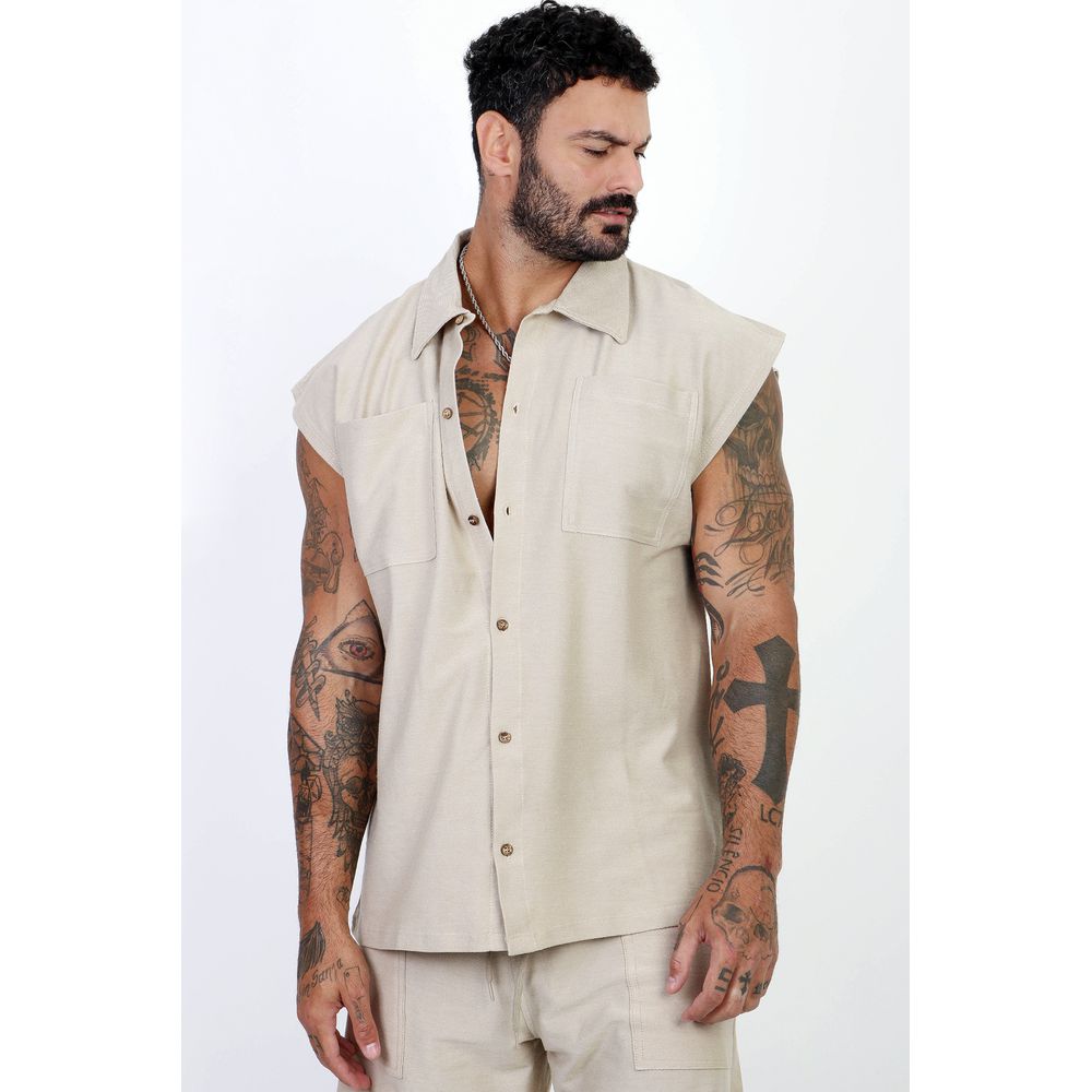 Colete Regata Camisa Com Botões Masculino Oversized Moletinho Penteado Bege
