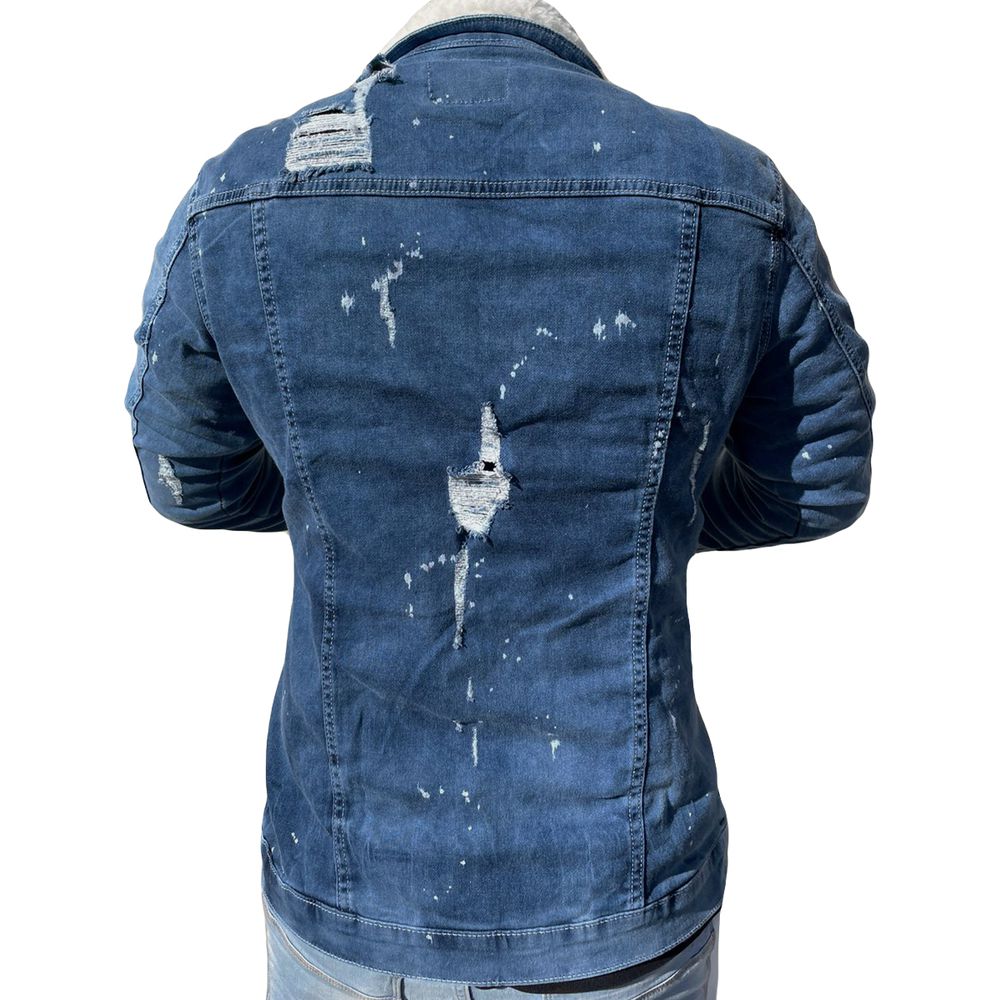 Jaqueta Jeans Slim Destroyed C/ Respingos Pelinho Na Gola