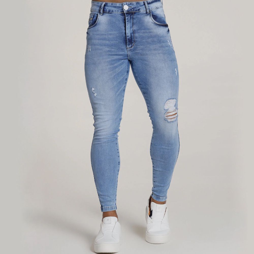 Calça Jeans Skinny Com Destroyed Rasgada Premium Sky Clean