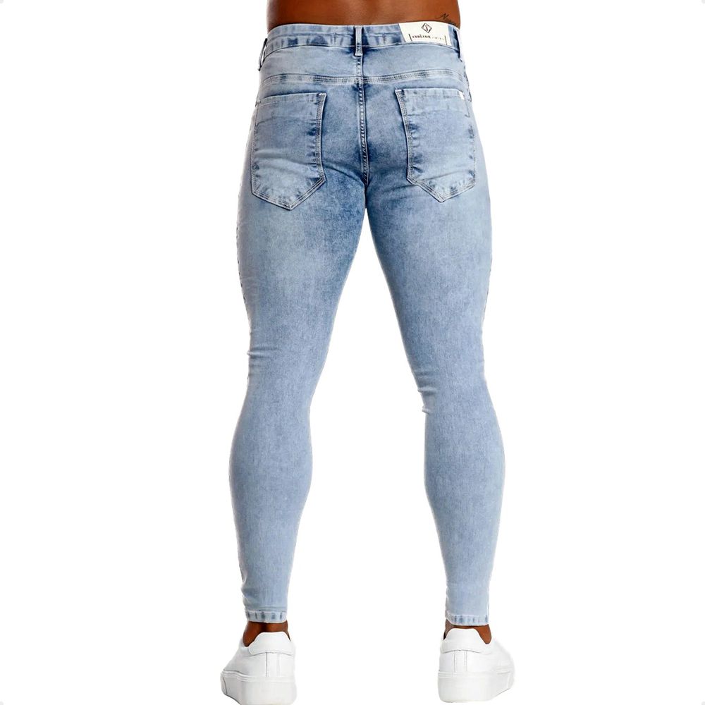 Calça Jeans Skinny Destroyed Com Corte Devore Botão Branco