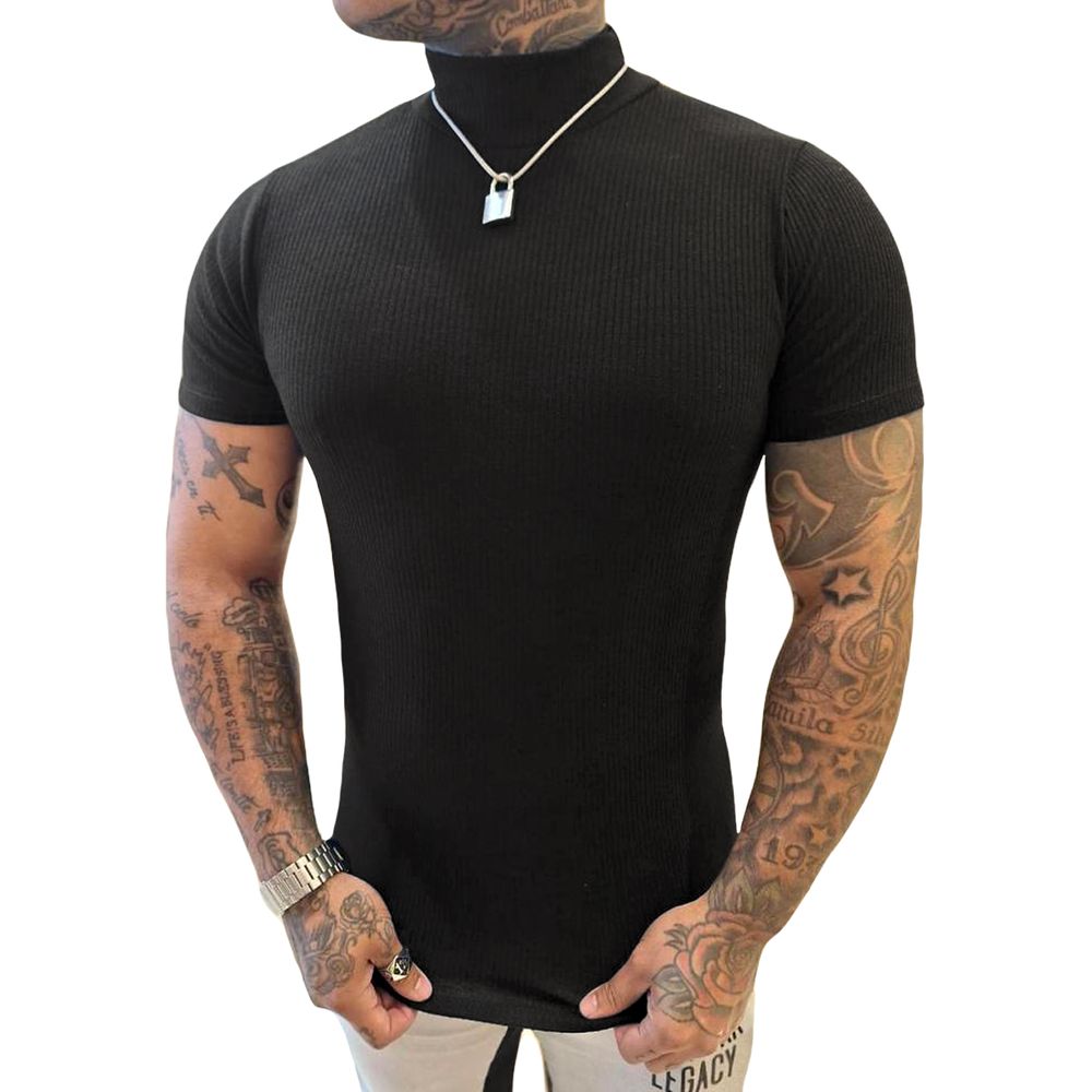 Camiseta Canelada Cacharrel Manga Curta Gola Alta Preta Slim