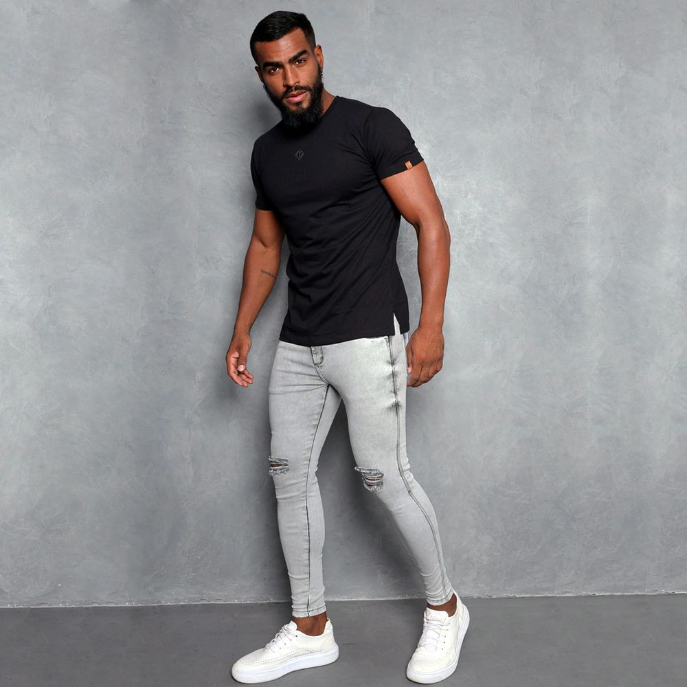 Calça Jeans Skinny Cinza Destroyed Corte Joelho Marmorizada