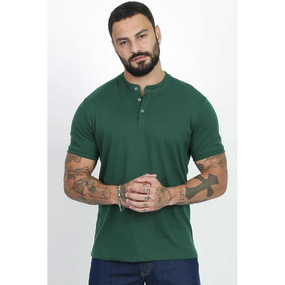 Camiseta Henley Gola Padre 3 Botões Masculina Slim Cotton