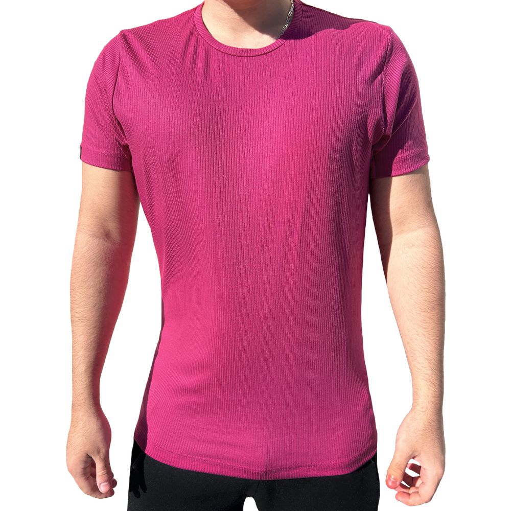 Camiseta Malha Canelada Slim Fit Manga Curta Masculina Rosa