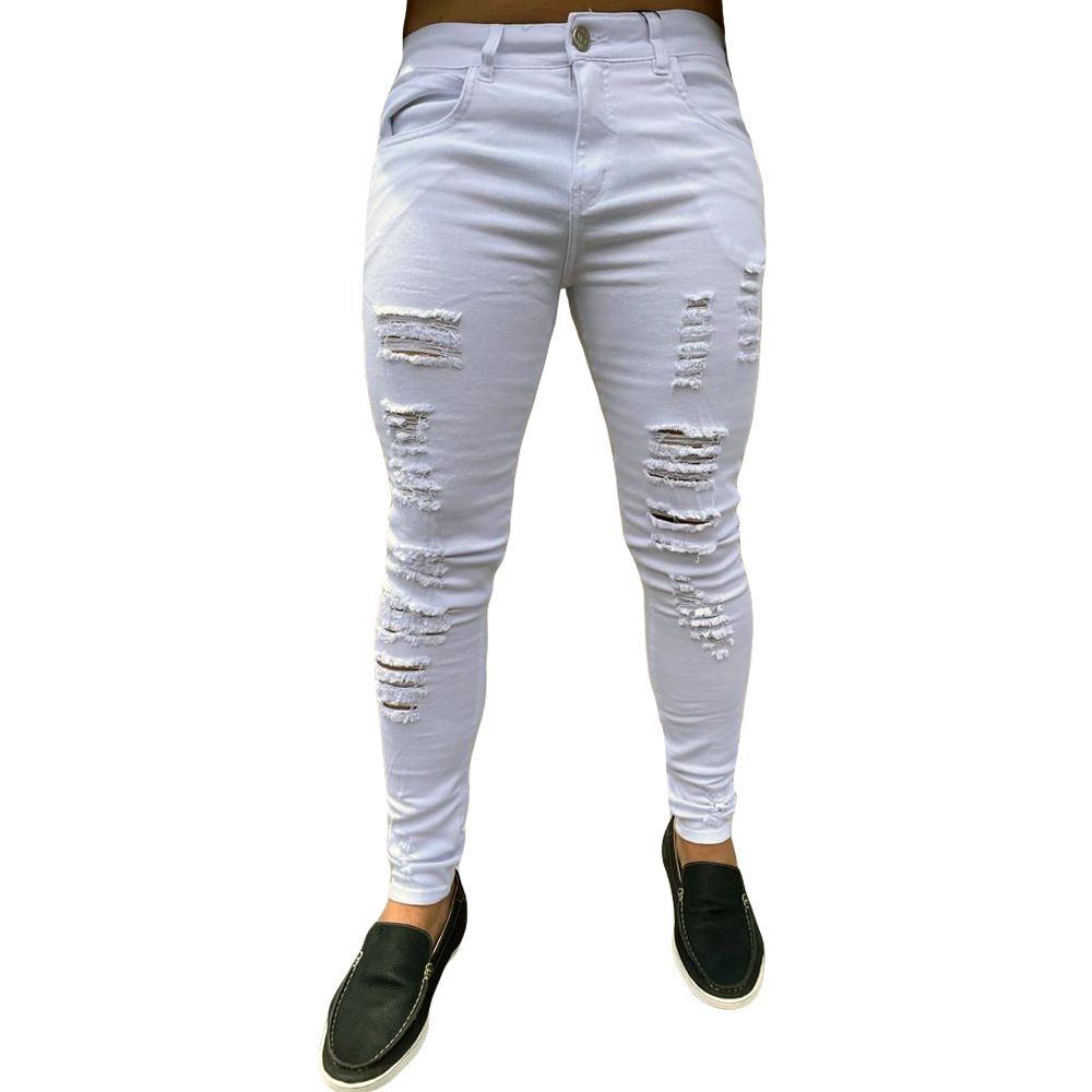 Calça Branca Destroyed Rasgada Super Skinny Masculina