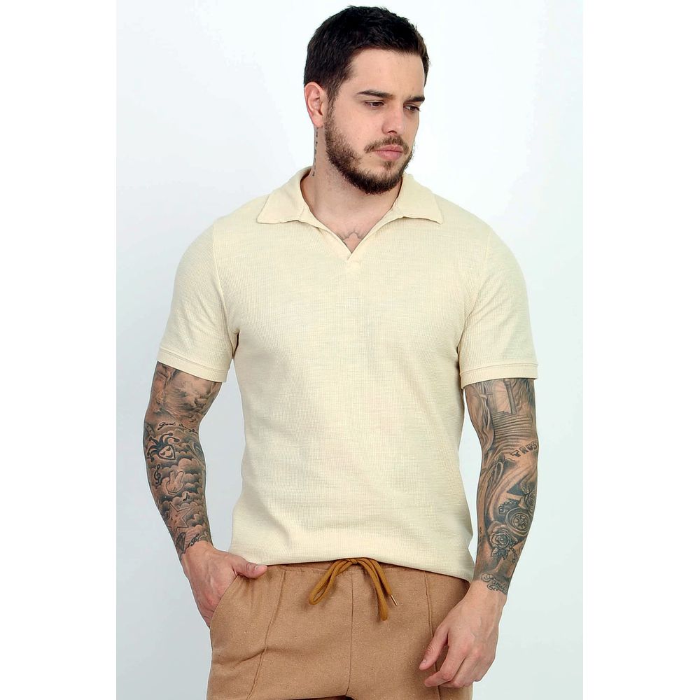 Camisa Polo Sem Botão Texturizada Malha Waffle Tricot Slim