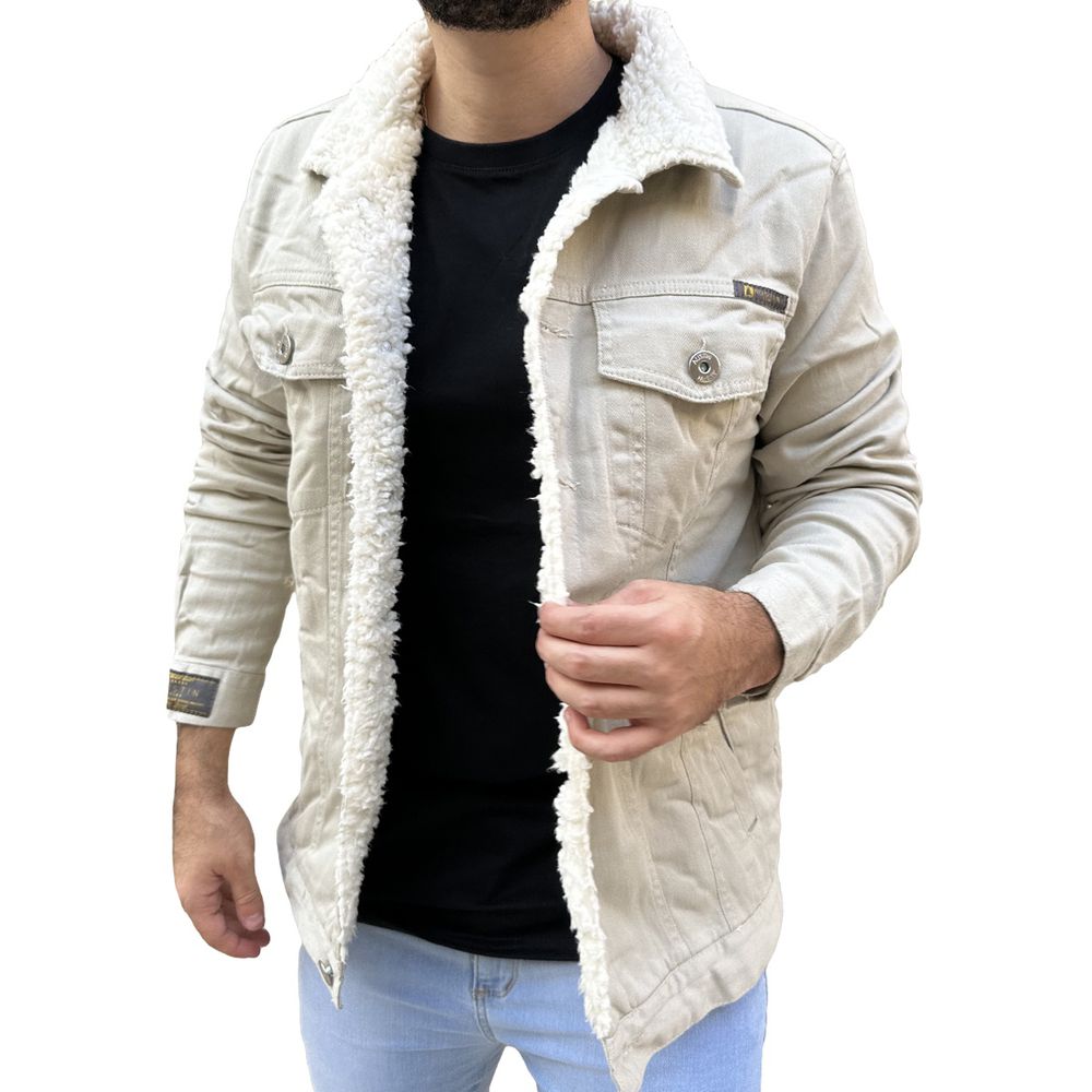 Jaqueta Sarja Masculina Sherpa Pelinho Forro Bege Carneiro