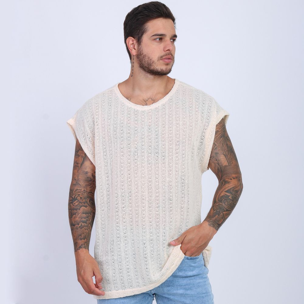 Camiseta Regata Oversized Crochê Lã Transparente Masculina