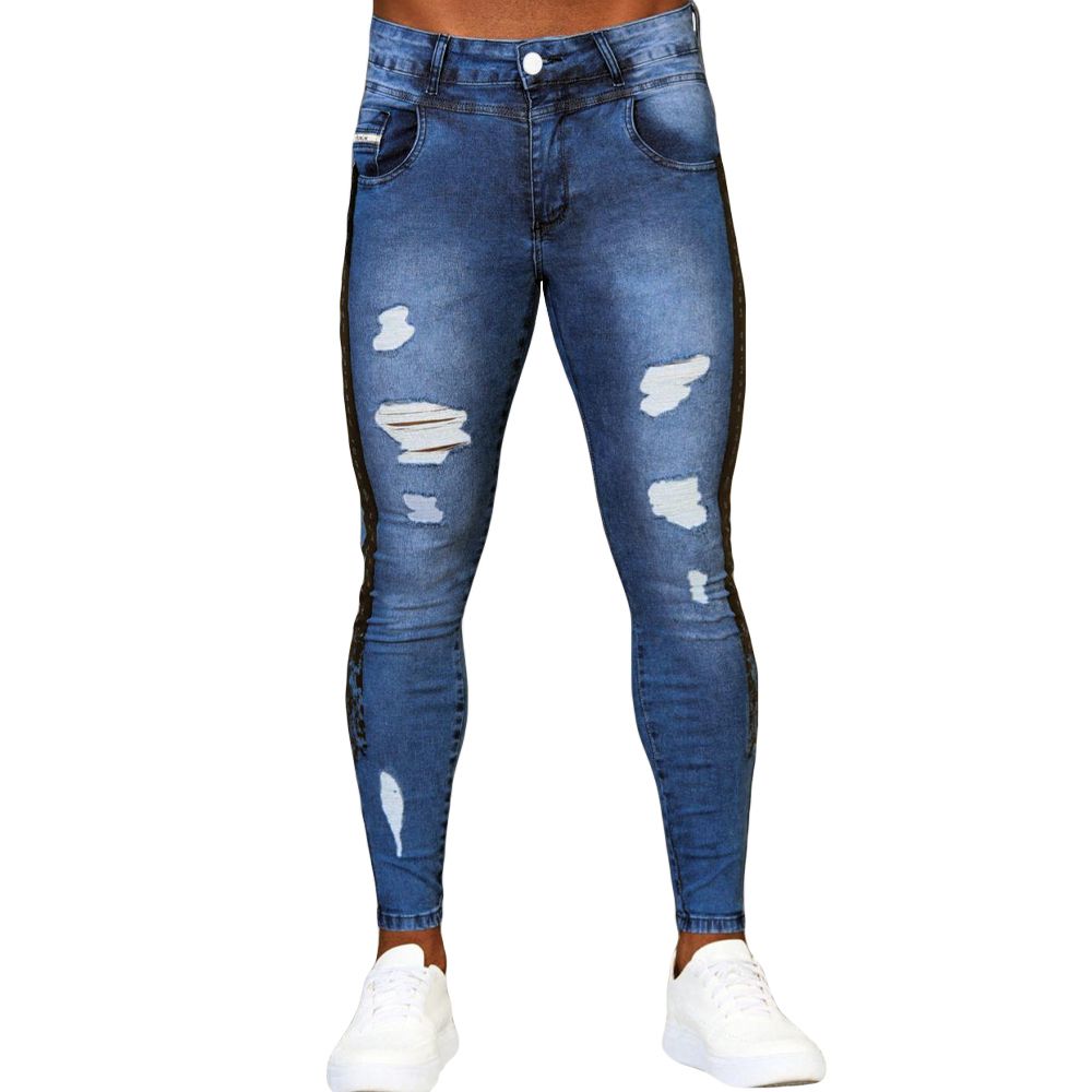 Calça Jeans Masculina Skinny Devorê Detalhe Destroyed E Silk