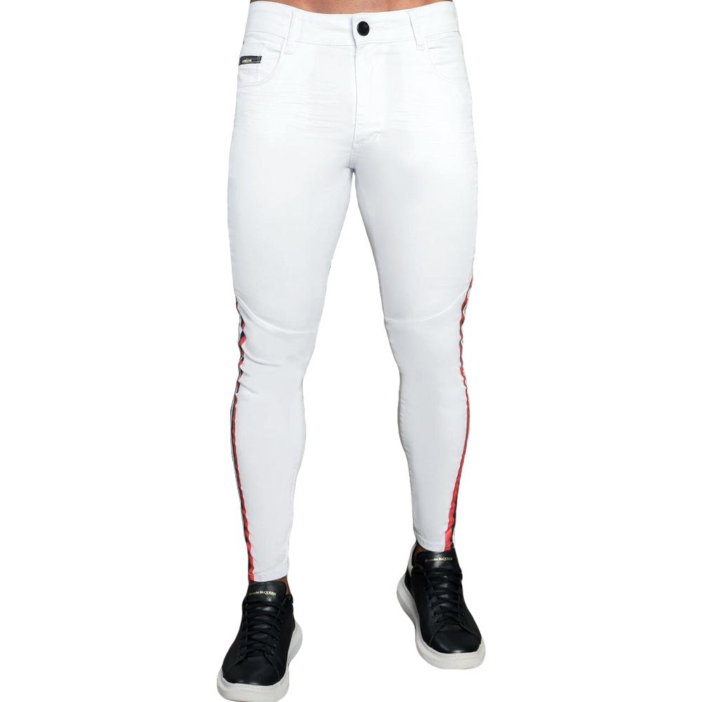 Calça Branca Super Skinny Streetwear Faixa Lateral Masculina