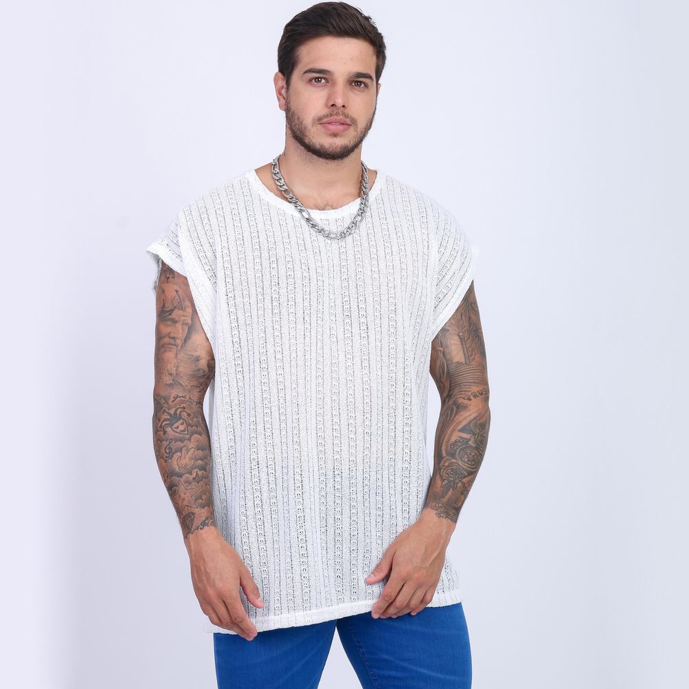 Camiseta Regata Over Sized Crochê Lã Telinha Premium Branca