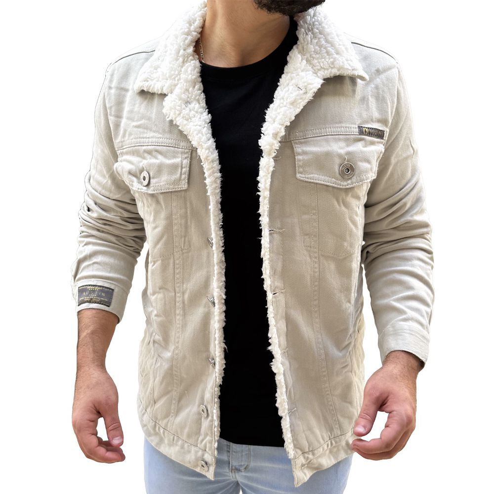 Jaqueta Sarja Masculina Sherpa Pelinho Forro Bege Carneiro